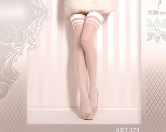 Stunning hold ups in Bianco (White) with a gorgeous pattern at the top of the thigh with a line running down the length.