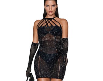 Sensual Sparkle Rhinestone Fishnet Party Dress. Xmas Gift, Birthday Gift, Wedding Gift, For You Gift!