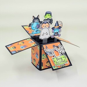 Cartão de caixa pop-up de monstros fofos de Halloween 3D feitos à mão