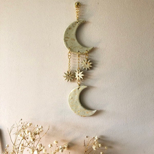 Celestial wall hanging, clay decor, minimalist home decor, sun moon star wall art, gold home accessories, gifts for the home