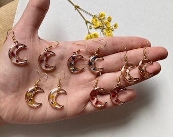 Pressed Flower Resin Earrings: Small Moons in Boho Geometric Shapes for Minimalist and Statement Style