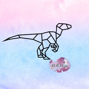 Op de afbeelding: Geometrische lijntekening van een zwarte dinosaurus op een lichtblauwe en roze aquarel achtergrond.
