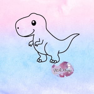May include: A black and white line drawing of a cartoon dinosaur on a pink and blue watercolor background.