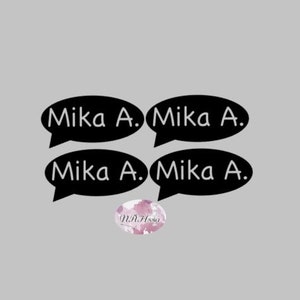 Könnte beinhalten: Vier schwarze Sprechblasen mit dem Text "Mika A." viermal wiederholt.