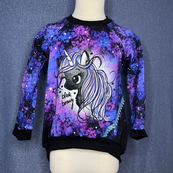 Vokuhila Pullover Gr.116 Einhorn Black Beauty