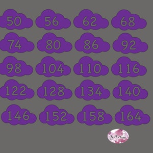 Könnte beinhalten: Lilafarbene wolkenförmige Aufkleber mit Zahlen von 50 bis 164 in Schritten von 6. Die Zahlen sind in weißer Schrift.