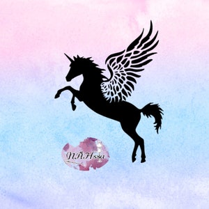 May include: Black silhouette of a winged unicorn rearing up against a watercolor background of pink and blue hues. The unicorn has a horn and detailed wings. The image includes the text "NÄHssa" in a cursive font.