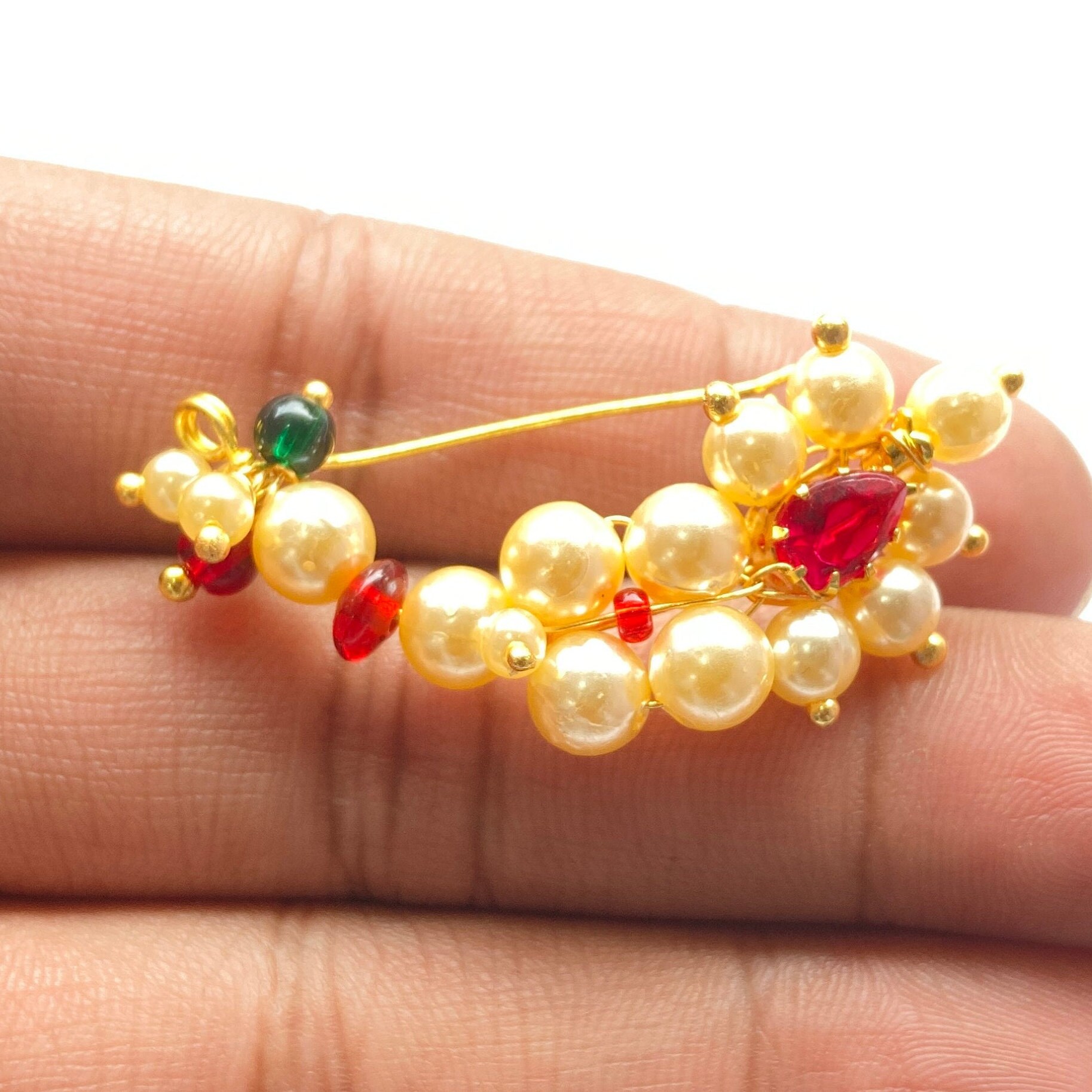 Buy Jewelopia Maharashtrian Nath Ruby White CZ Nose Stud Traditional Bridal  Nath Wedding Jewellery Marathi AD Nose Stud Clip on Gold Beads Pressing  Nath Nose Ring For Girls Online at Best Prices
