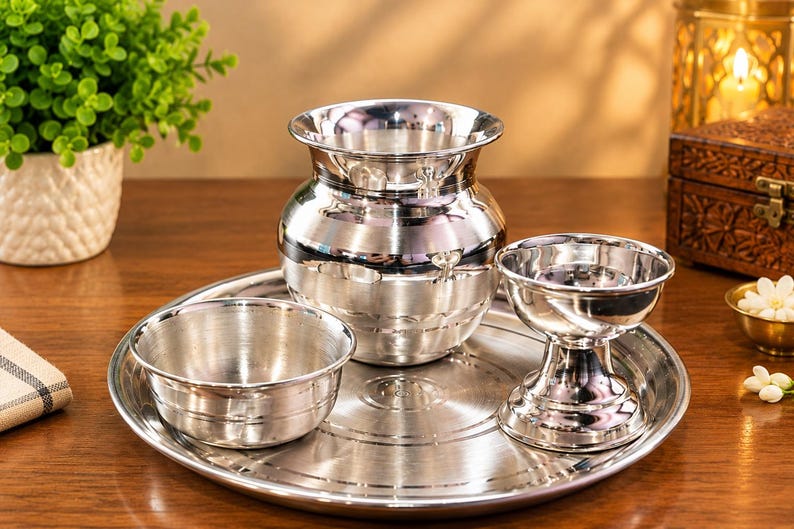 May include: A polished silver-toned metal set consisting of a round tray, a small bowl, a wide-mouthed pot with a rounded body, and a pedestal-based cup. Each piece features a smooth, reflective surface with subtle horizontal grooved detailing.