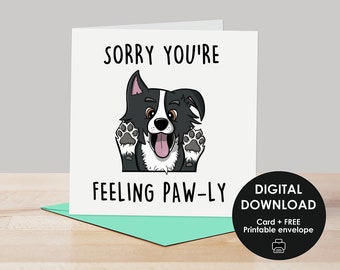 Printable card, Get well soon card, Printable get well card, Card for dog lovers, Border Collie card, Dog card, Card for dog lovers