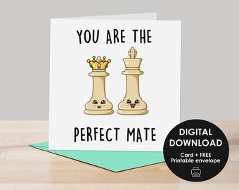 Printable card, Chess card, Chess Couple, Checkmate, Valentine's Day card, Anniversary card, Digital card, Cute pun card, Chess card for him