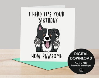 Printable card, Printable Birthday card, Happy Birthday card, Dog Birthday card, Card for dog lovers, Cute dog card, Border Collie card