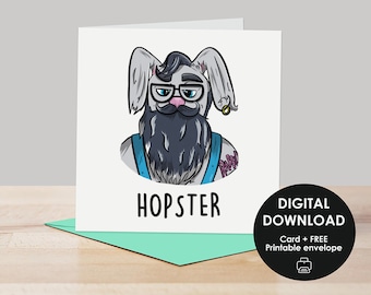 Printable card, Easter card, Printable Easter card, Hopster, Hipster Rabbit card, Funny Easter card