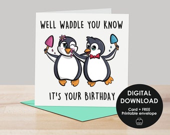 Printable card, Printable Birthday card, Happy Birthday card, Penguin Birthday card, Card for penguin lovers, Cute penguin card