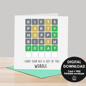 Cartão de aniversário Wordle - cartões para download instantâneo, cartão comemorativo para impressão, Wordle, cartão para impressão, presente Wordle, amante Wordle, cartões comemorativos