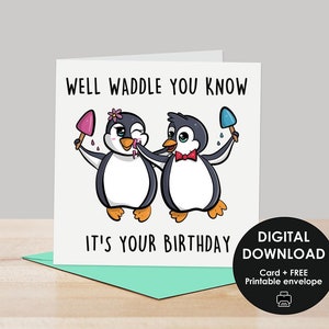 Carte imprimable, carte d'anniversaire imprimable, carte de joyeux anniversaire, carte d'anniversaire de pingouin, carte pour des amoureux de pingouin, carte mignonne de pingouin
