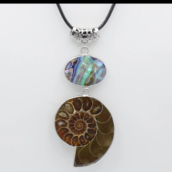 Ammonite with Abalone shell Pendant karma chakra reiku handmade  Amulet