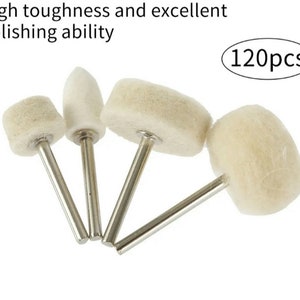 May include: A set of 120 white felt polishing buffing wheels with metal shafts. The buffing wheels are in various shapes, including round, cone, and cylindrical.