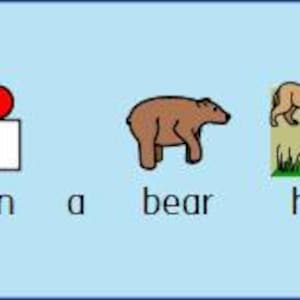 May include: A cartoon illustration on a light blue background. The image depicts a hand pointing, a red ball on a white square, a brown bear, and a bear hunting a rabbit. The words "Going on a bear hunt" are written below.