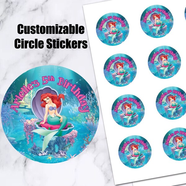 Little Mermaid stickers, Birthday decor, Party stickers, thank you labels, favour tags, loot bag, custom stickers, personalized