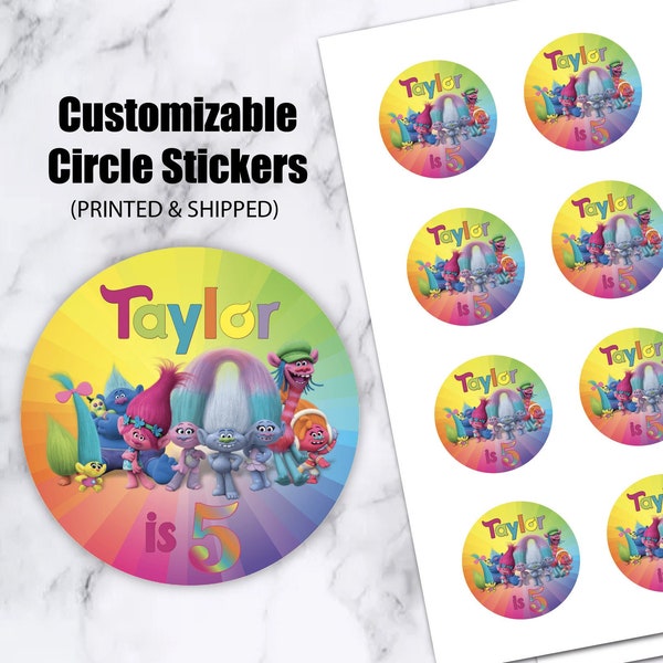 Trolls birthday party stickers, Trolls thank you labels, favour tags, loot bag, custom stickers, personlaized