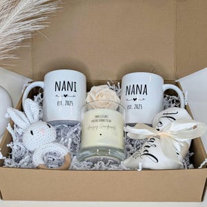 Pregnancy Reveal Gift Box: Grandparents Mugs, Bodysuit & Bunny Rattle