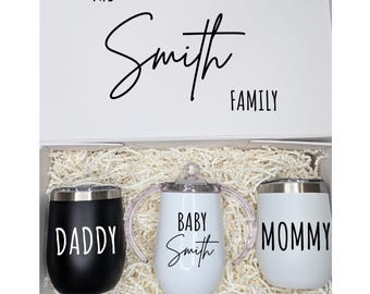 Mommy Daddy Baby Gift Box for New Parents, Mama, Dada, Custom Baby Gift Box, Baby Reveal, Baby tumbler, Baby goblet, wine tumbler