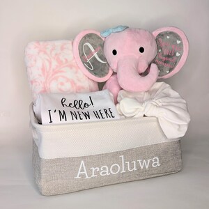 Neugeborenen Baby Mädchen Geschenkkorb, Benutzerdefinierte Geschenkkorb, Baby-Dusche-Geschenk, Hallo ich bin neu, sticky, personalisierte Elefant, Geschenkkorb für Baby Mädchen