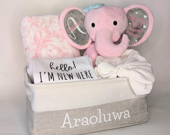 Personalisierter Baby Mädchen Geschenkkorb: Plüschelefant, Baumwollbody