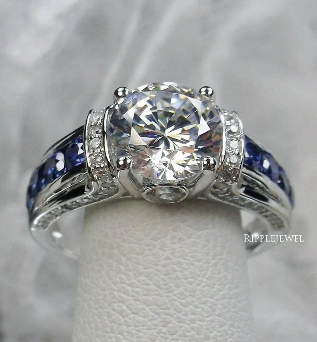Moissanite and Sapphire Diamond Ring,2.15 CT Round Moissanite Ring