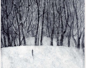 Original Etching-Dry Point_Winter Etching-Printmaking-Hand Prind-Snow_Forest