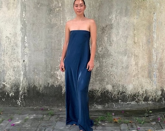 Indigo Strapless Silk Maxi, Natural Floor Length Silk Goddess Dress, Tube Top Date Night Full Length Gown, Silky Bridesmaid Bias Cut Gown