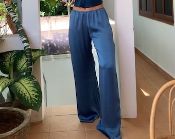 Indigo Silk Pants - Wide Leg Silk Pants - Women Silk Trousers - Women Silk Clothing - Elastic Waistline - Natural dye, Ethical Silk pants