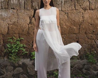 Cempaka Silk Chiffon Blouse White | Sheer Silk Top with Satin Trim | Luxury Women's Silk Blouse | Resort Wear | Slow Fashion | Boho Outfit