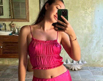 Organic Mulberry Silk Crop Top | Natural Plant Dyed Summer Blouse | Elastic Waist Silk Shirt |Sustainable Tropical Botanical Dye Clothing