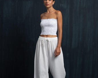 Organic Cotton White Pants | Lightweight Comfy Pants | White Beach Pants | Summer Eco Pants | Loose Cotton Pants | Wide Leg Women's Pants
