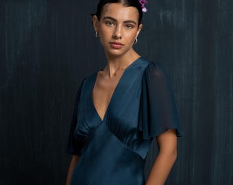Indigo Graceful Organic Silk Gown with Cape Sleeves, Radiant Natural Dye Bridesmaid Dress, Elegant Bohemian Goddess Summer Masterpiece