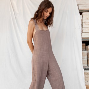 Plant Dye Linen Jumpsuit - Wide Legs Jumpsuit - Shoulder Strap Jumpsuit - Linen Overall - Comfortable Casual Women Romper - Natural Jumpsuit