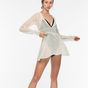 Witte doorzichtige jurk, zijden chiffonjurk, zijden jurk met lange mouwen, zijden damestop, zijden feesttop, zomerkleding, valentijnscadeau
