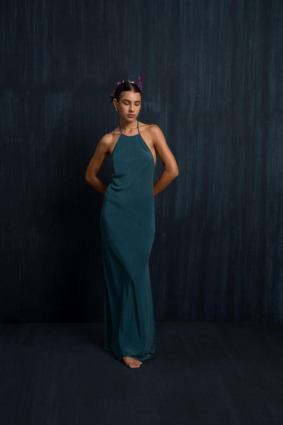 Emerald Green Silk Dress, Halter Maxi Long Bias, Made in Bali S