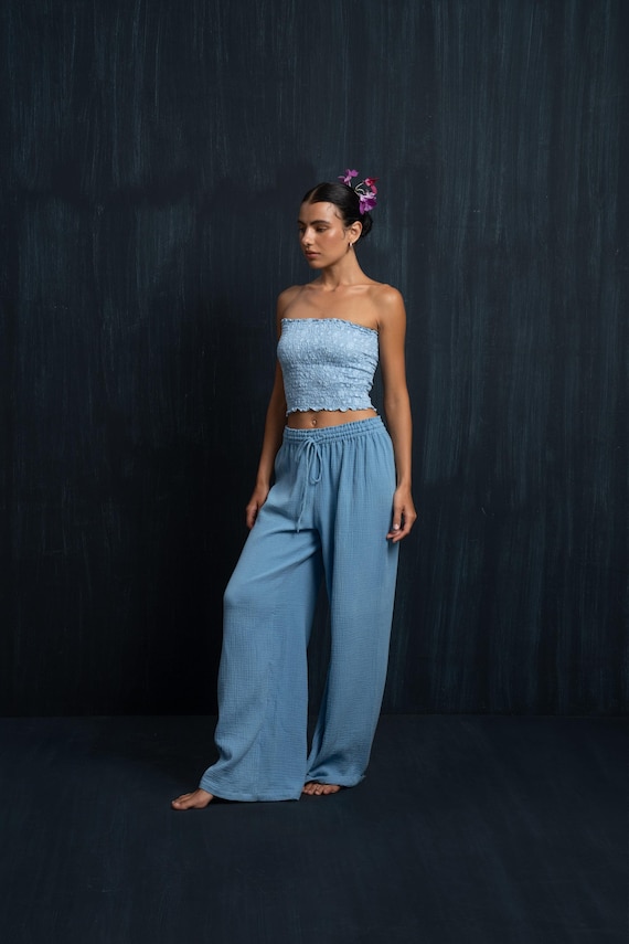 Akasha Indigo Cotton Wide Leg Pants, Natural Plant-dyed Boho 