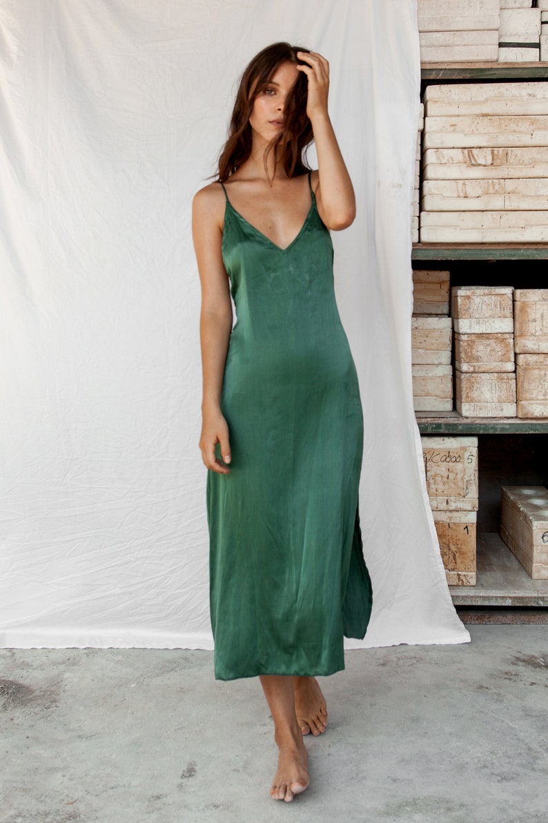 emerald green silk slip dress