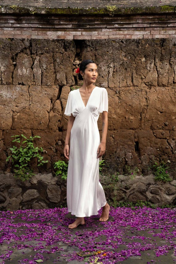 gathered silk dress White Silk Midi Dress – Mulberry Silk Wedding, Bridal & Occasion S