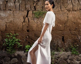 white silk dress dyed with tiger butterflies and waves detail L'AGENCE Sayla Silk Gown In Ecru Multi Lock Butterfly