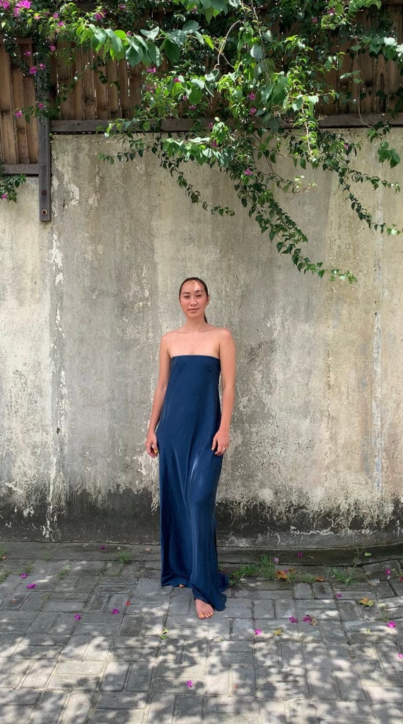 Strapless Silk Maxi Dress | Natural Dyed Indigo Silk Gown | Elegant Bias Cut Resort Outfit | Eco Friendly Apparel | Christmas Gift For Her