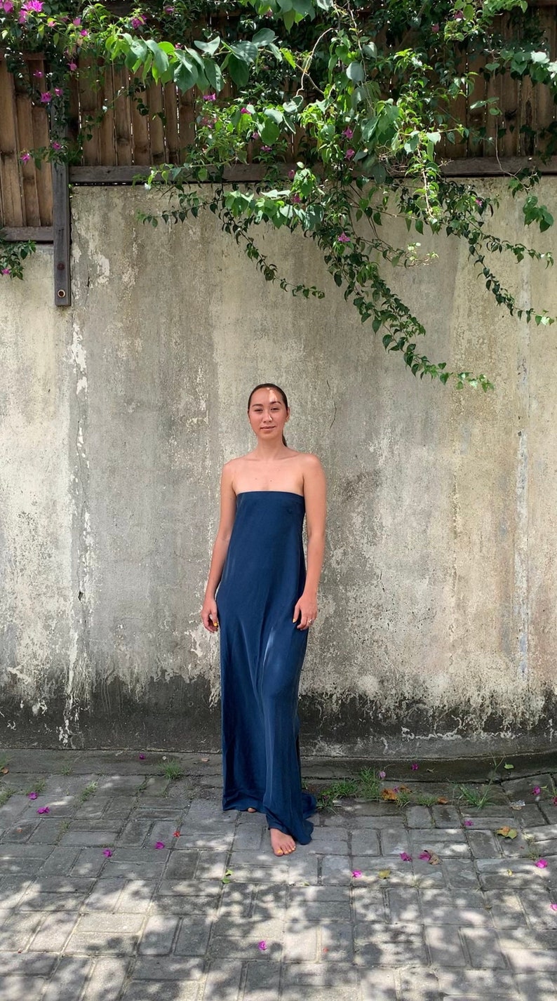 strapless dress, elastic comfortable oversized dress, indigo plant dye dress, floor length goddess dress