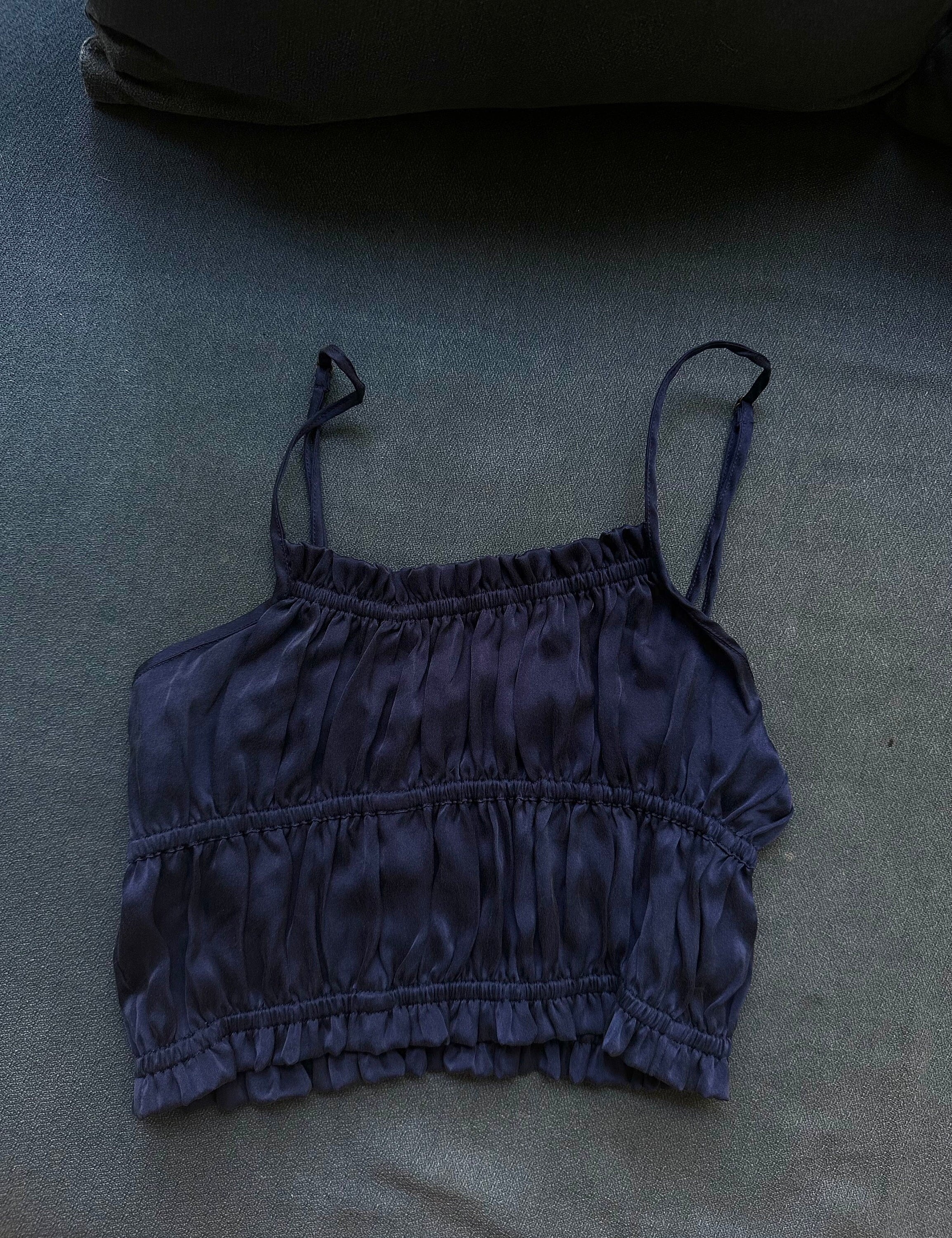 Indigo Navy Silk Crop-Top - Silk summer shirt - Sleeveless top - Ahimsa Silk, Elastic waistline frill, Organic Clothing, Summer party outfit
