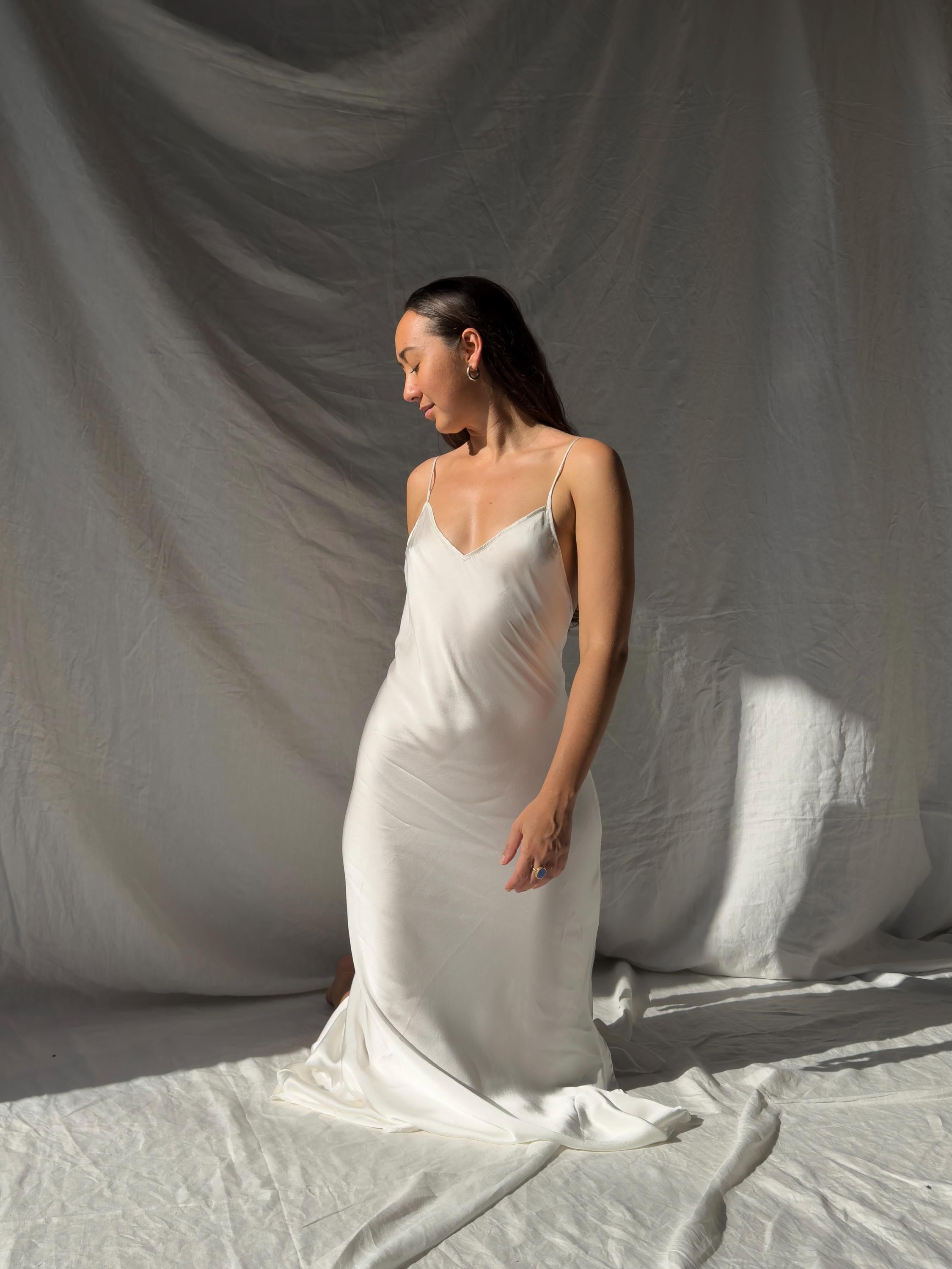 white raw silk dress Pnlope White: Elegant Silk Gown Liina Stein