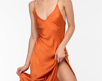 Orange Silk Dress, Sustainable Gifts, champagne, Low Back dress, Prom silk satin dress, Midi dress, Bridesmaids, Wedding, Evening Dress