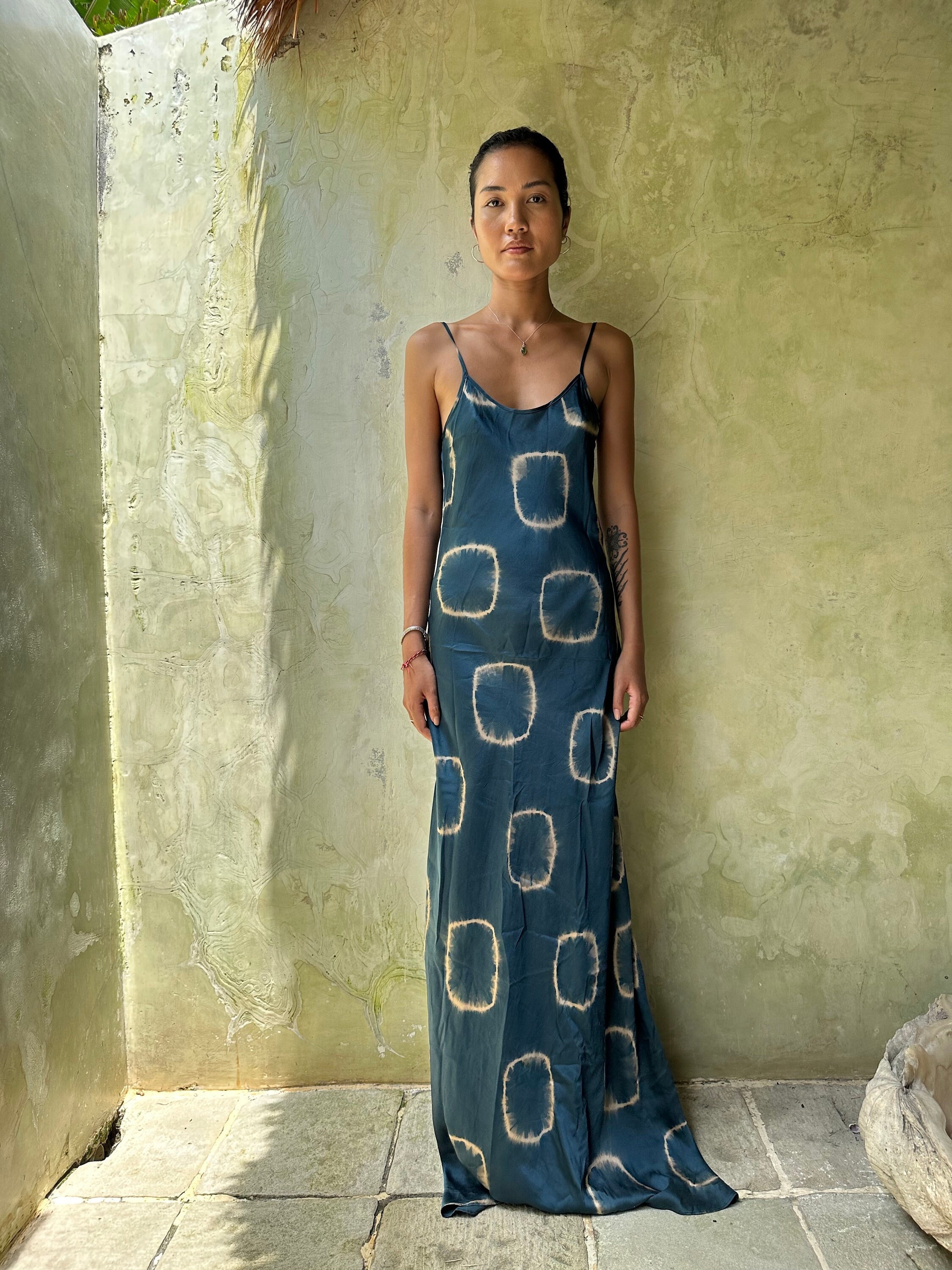 Indigo Luxury Silk Dress, Circle Tie-dye Dress hand-dyed with Plants, Prom silk satin dress, Long dress, Bridesmaids, Wedding, Evening Dress